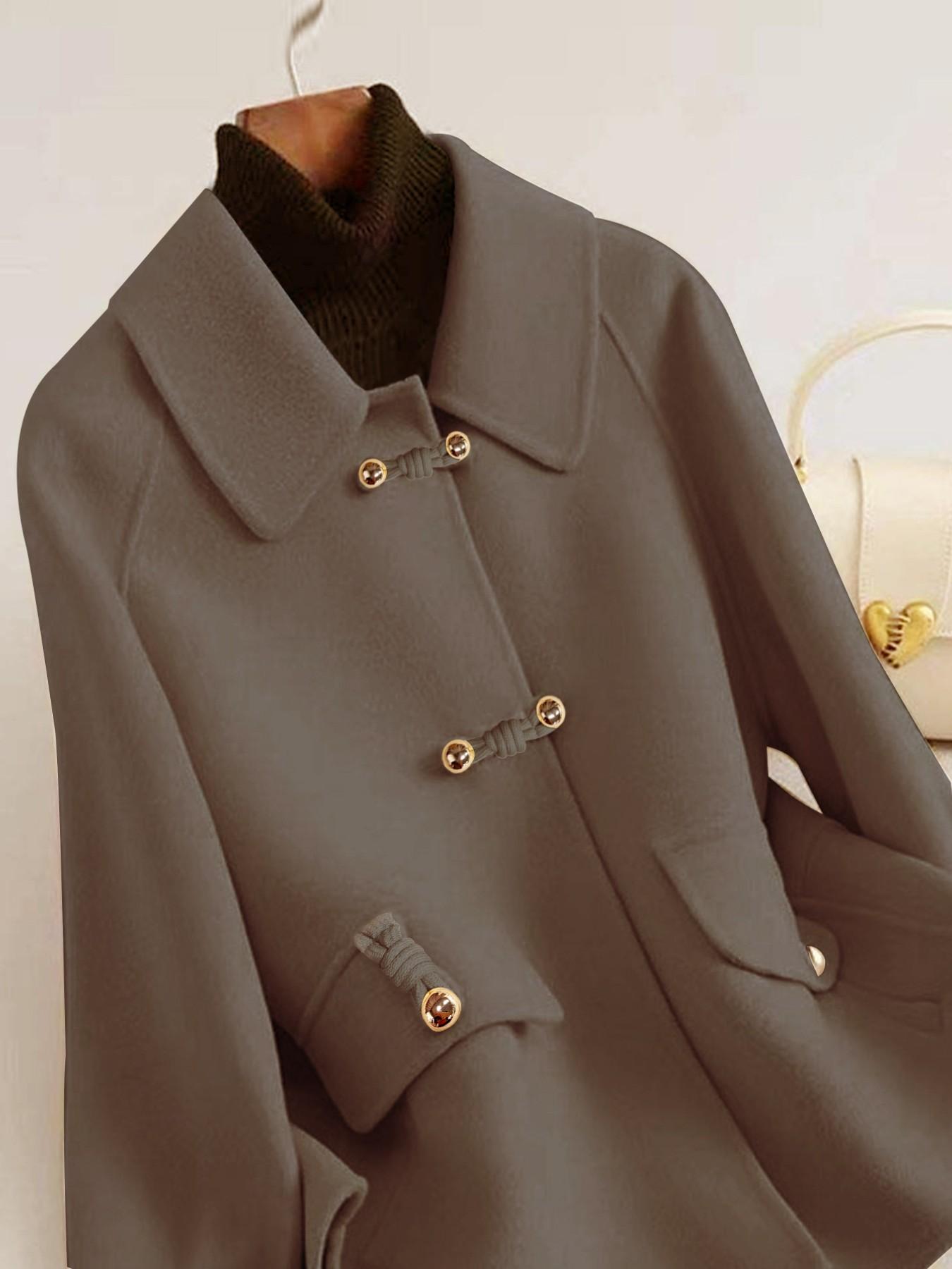 French Fashion Women's Autumn Winter Thicken Woolen Coat, Ladies Short Jacket, Elegant Casual Loose Double-Sided Floral Tweed Long Sleeve Pockets Outerwear