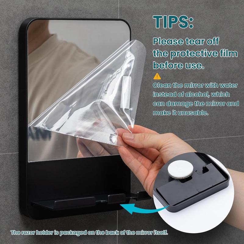 TAILI Fogless Shower Mirror Suction for Shaving with Razor Holder, Removable & NO-Drilling Anti Fog Mirror for Shower, Shatterproof & Waterproof for Bathroom - Men and Women(Black)