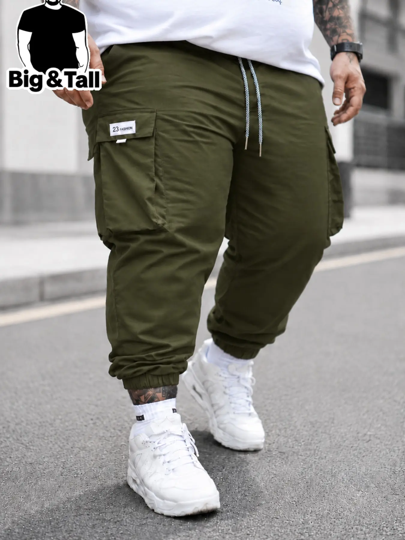 Large Size Men's Plain Casual Cargo Pocket Pants, Fashionable Athletic Loose Fit, Comfortable Daily Wear, Ideal for Outdoor Activities, Running, Everyday, Activewear