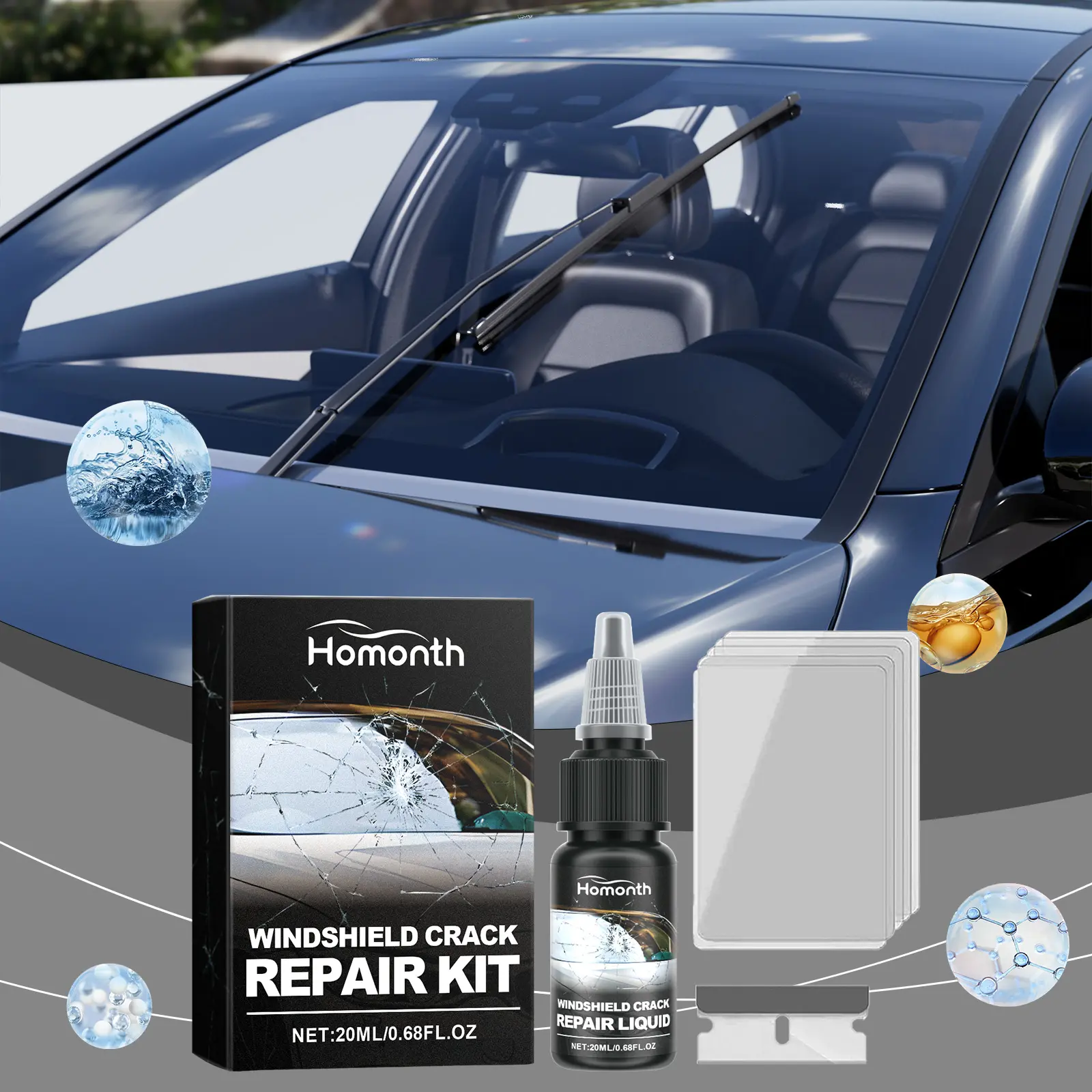 HOMONTH Windshield Crack Repair Kit  , Windshield & Window Screen Surface Care Set, Nano Formula For Front Windscreen Clear Vision Maintenance