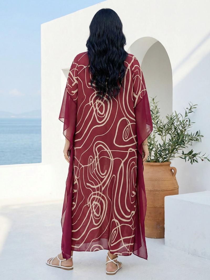 EDOLYNSA Kaftan Dresses for Women printing Moo Moo Dress cozy beach wear vacation Boho Chiffon ruffle edge bathing suit cover up muumuu caftan Boho Casual Kaftan daily wear Q1877