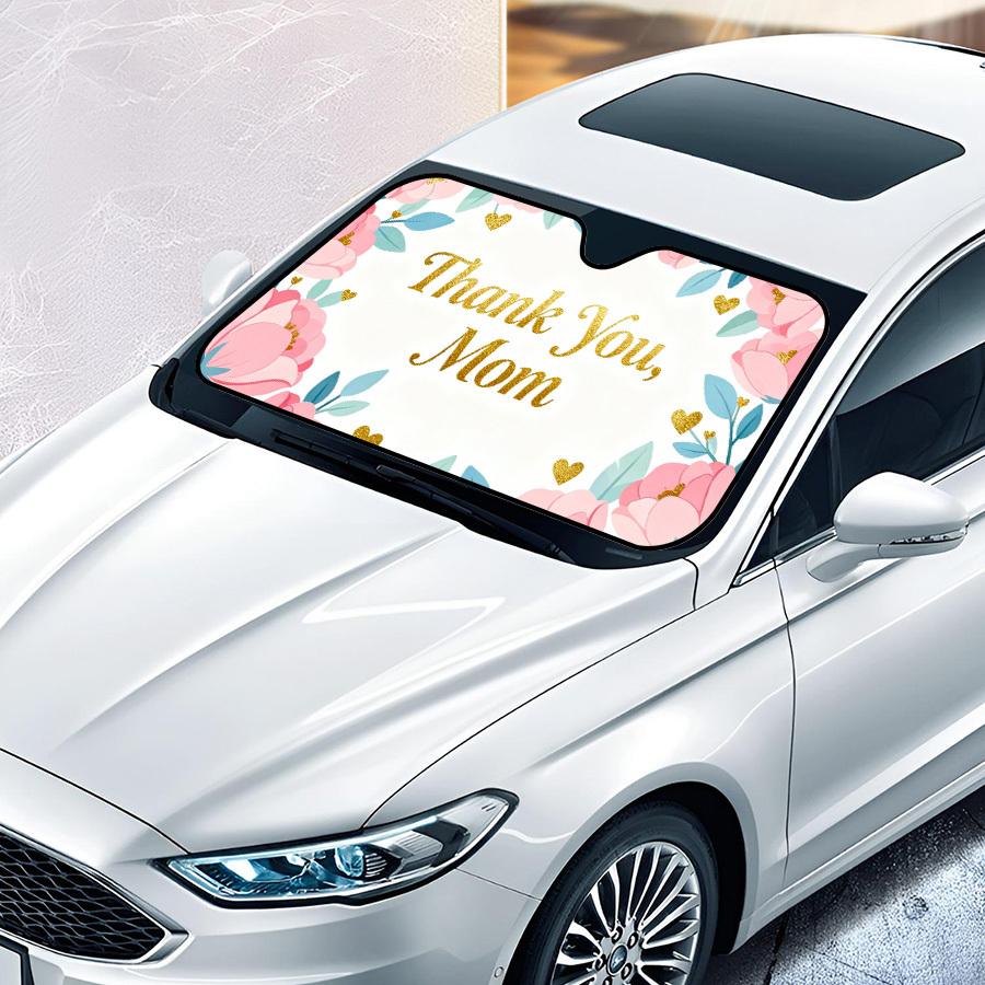 1pc Mother's Day Car Sunshade,Foldable Windshield Cover with Pink Flowers and Golden Hearts Design, UV Protection for Summer Driving, Beach Trips, Daily Commute, Easy to Store