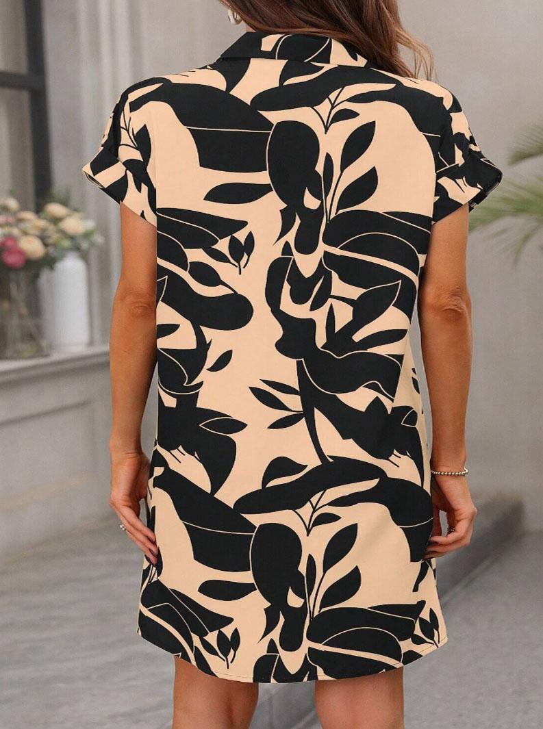 Plus Size Lapel Short Sleeve Shirt Dress, Botanical Print, Loose Curvy Friendly Mini Dress