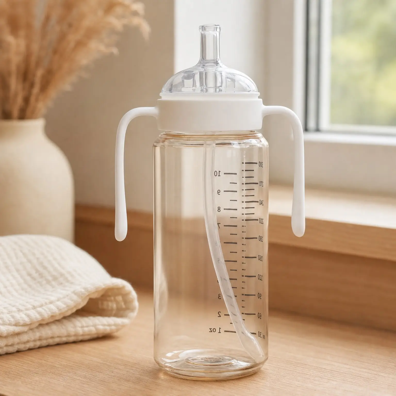 2 in 1 Baby Bottle & Straw Sippy Cup with Handle, PPSU Toddler Transition Cup, Soft Silicone Fast Flow Nipple, BPA Free, 10oz, Ivory, 6 Months+(Gift)