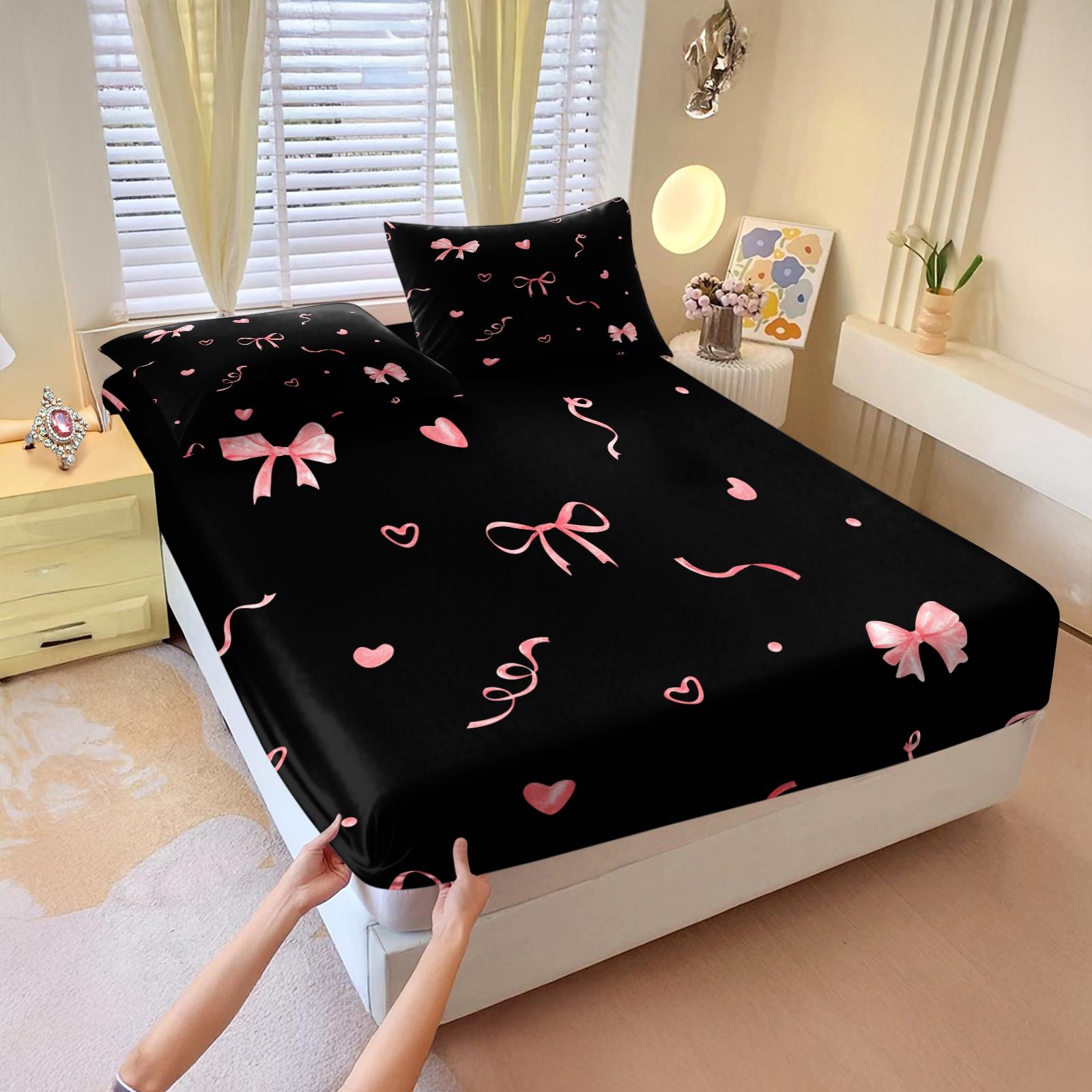 3Pcs Lovely Coquette Bow Printed Fitted Sheet Set, Sweet Y2K Style Bed Sheet Set, Soft Wrinkle-Resistant Microfiber, Vibrant Digital Print, Deep Pocket Design, Ideal for Girls Bedroom, Dorm & Guest Room All-Season Decor - No Filling