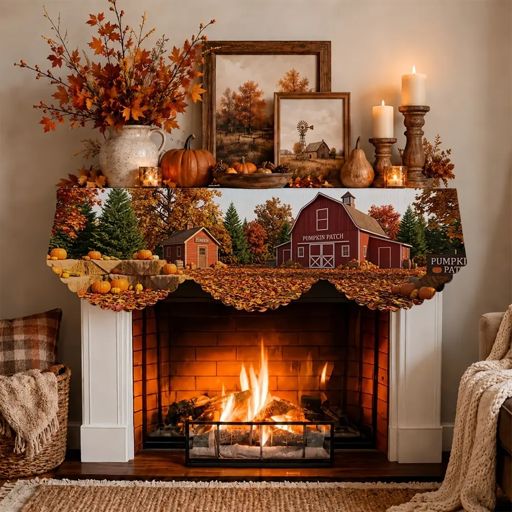 Autumn Decorations, Classic Farmhouse Fireplace Scarf, Barn Pumpkin Scene, Stove Blanket, Fire Pit Cover, Holiday Party Supplies, Gift, Table Runner, Banner, Stove Cover, Home Living Room Fireplace Door