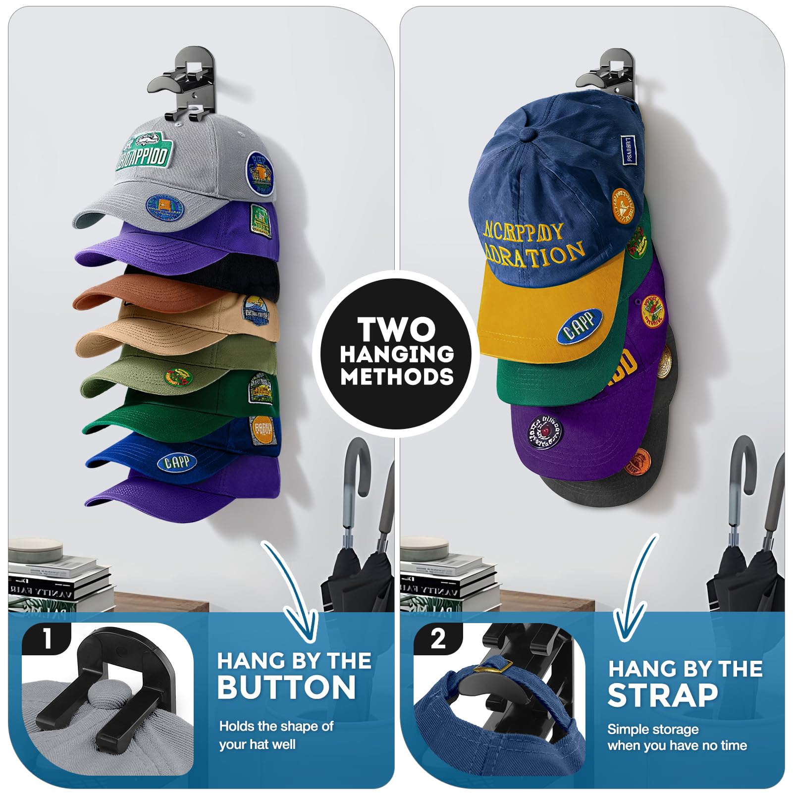 Multi-Piece Baseball Cap Storage Rack, Wall-Mounted Hat Hanger Holder Holds 20 Hats, Includes Strong Adhesive & Screws, Ideal for Door, Closet, Bedroom