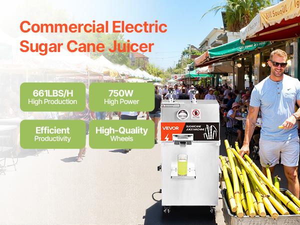 VEVOR Commercial Sugar Cane Juicer, 750W Electric Sugarcane Juicer Machine with 661LBS/H High Output, 3 Stainless Steel Rollers, Sugarcane Juice Press Extractor Squeezer on Wheels for Home/Commercial