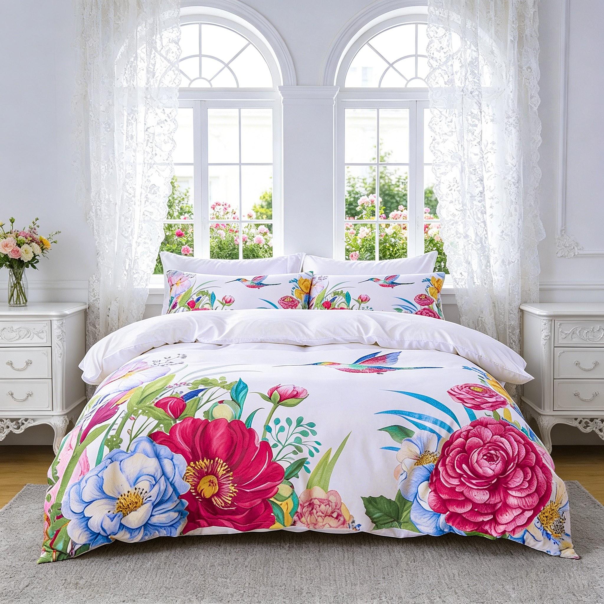 3pcs Plant Flower Hummingbird Bedding Set, Includes 1 Duvet Cover + 2 Pillowcases, Comfortable Sleep, Durable Material, Perfect Gift for Dorm Room