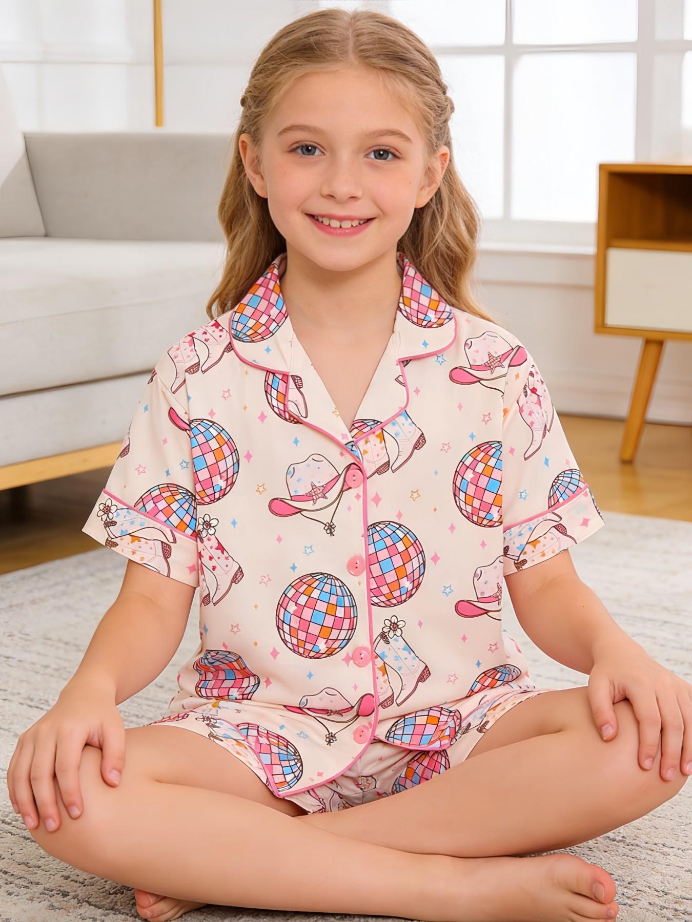 2-Piece Kids' Fire-Resistant Pajama Set, Short Sleeve Button Front, Cartoon Pattern, Loose-Fit, All Seasons, Boys & Girls