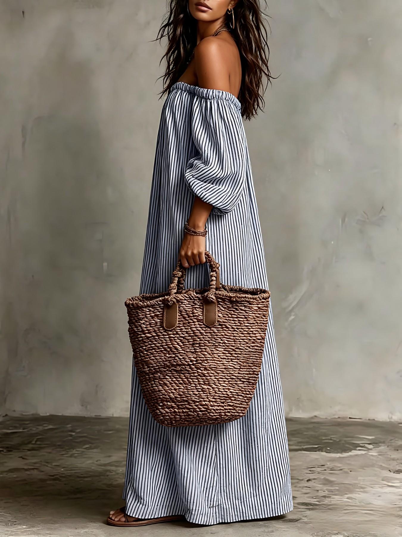 Women's Vintage Striped One-Shoulder Long Dress, Loose Fit Slimming Bubble Sleeve Off-The-Shoulder Dress, Beach Vacation Style Summer