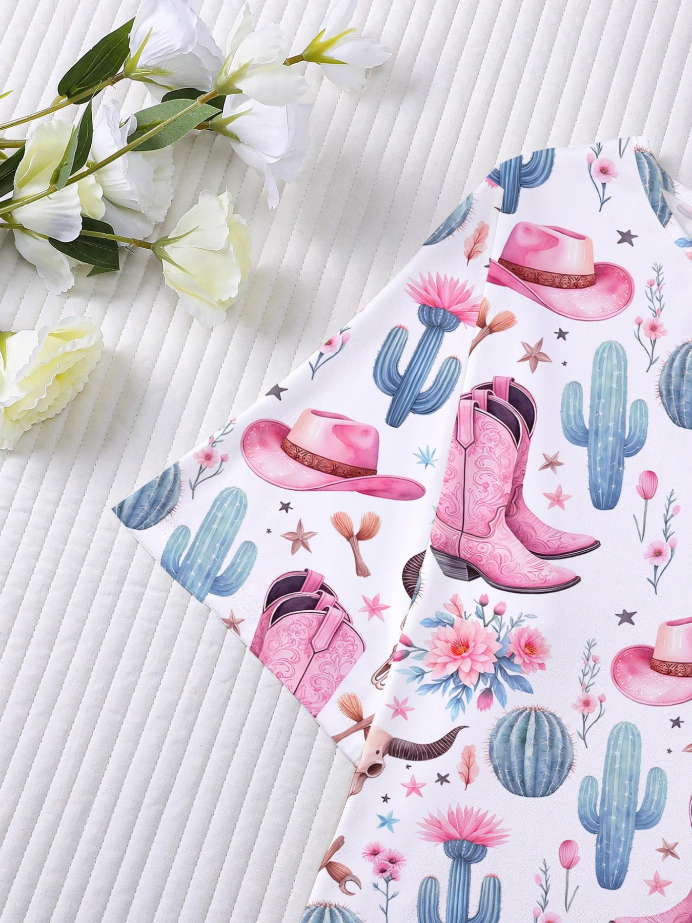 Western Cowboy Cactus Print Nightgown, Women's Casual Loose-Fit Short Sleeve Robe, Comfortable Holiday Party Sleepwear, Side Pockets