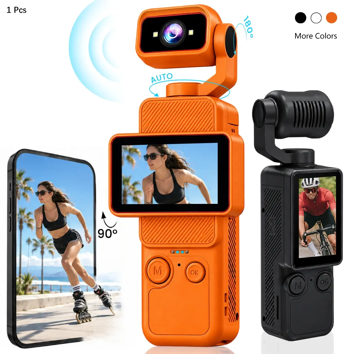 1080P Pocket Camera, Portable Video Recorder for Vlog, Action Camera, Handle Sports Camera with Filp Screen & Auto Rotating Lens, Full Body Camera for Outdoor, Travel & Daily Life Recording, Christmas Gift