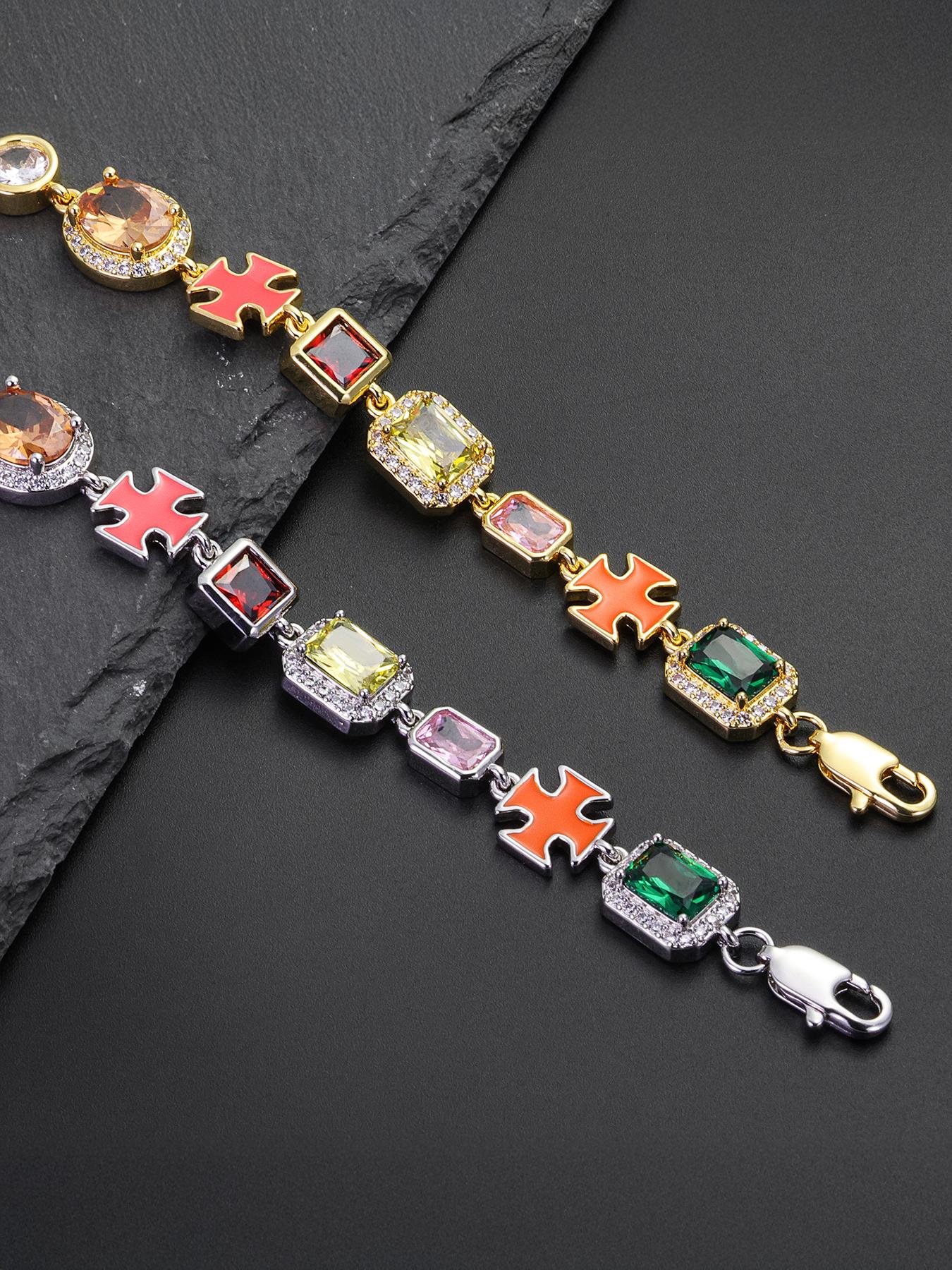 ICED CHICS Cross-Drip Oil Colored Cubic Zirconia bracelet, geometric cube Sugar Hip-hop bracelet, birthday gift, party, suitable for important occasions to wear, enhance temperament, sense of sophistication, suitable for both men and women