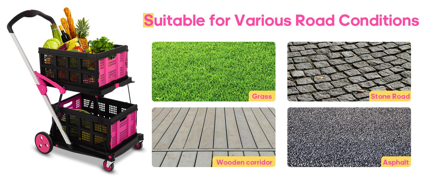 Foldable Utility Cart with Wheels,Folding Cart for Cosmetic Organizer,Grocery,Office,Warehouse,Garden, Double Layers Foldable Shopping Cart,Folding Trolley for Luggage Heavy Duty