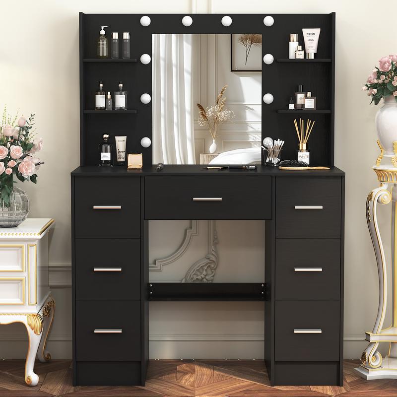 Black LED Dressing Mirror Makeup Table Bedroom Vanity Unit Set with 7 Drawers