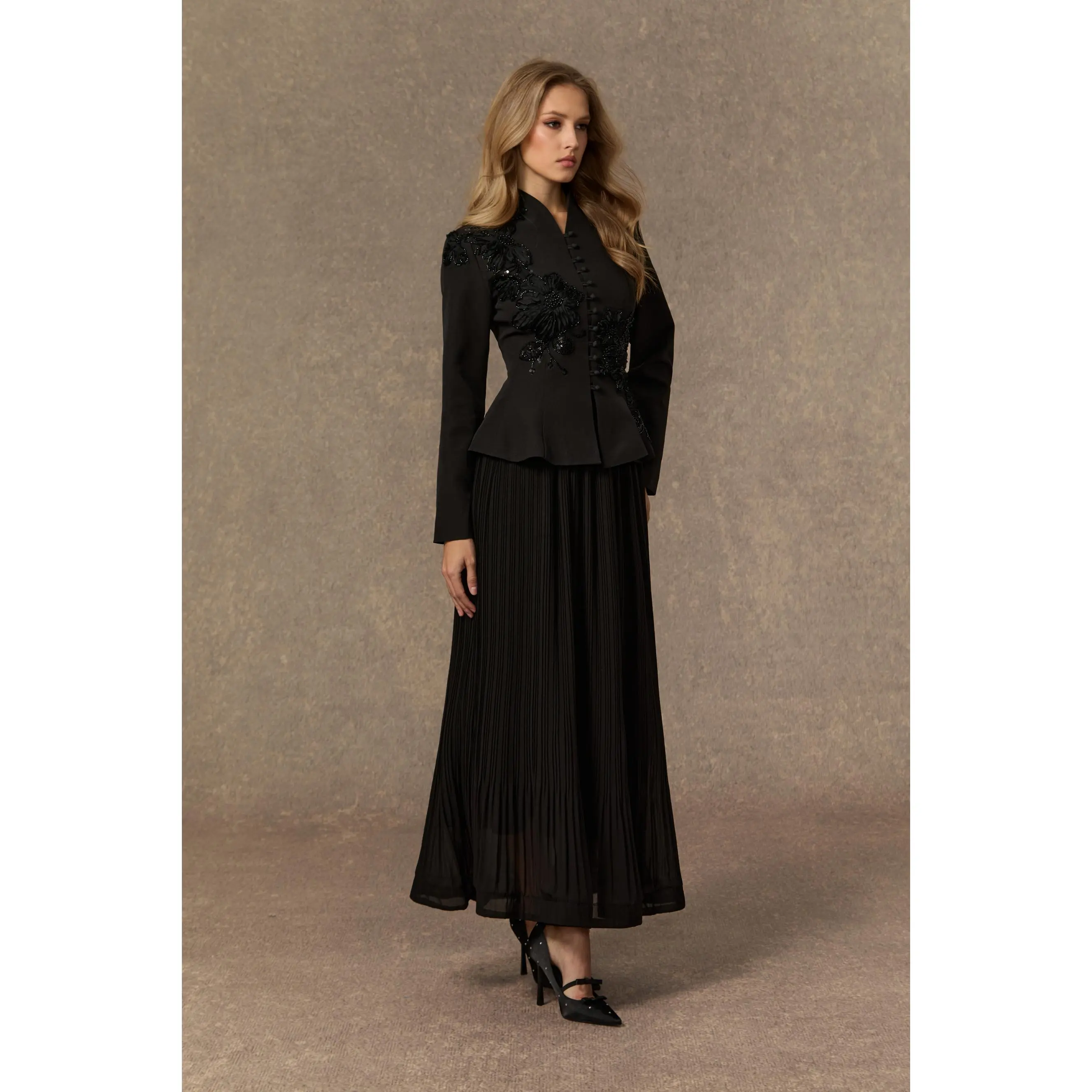 Sunfere Floral Applique Beaded Peplum Blazer & Elastic Waist Pleated Long Skirt Set Cinched Waist Vintage Church Gown Eid Celebration Modest Chic Bridesmaid Two-Piece Dress