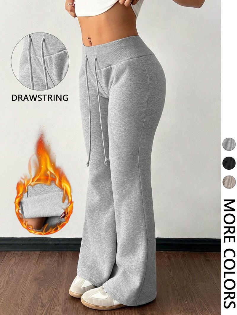 Women's Casual Low Waist Drawstring Elastic Sports Pants, Warm Thermal Lining, Suitable for Autumn Winter, Flare Leg Design,fleece lined leggings plus, Sports Bottoms