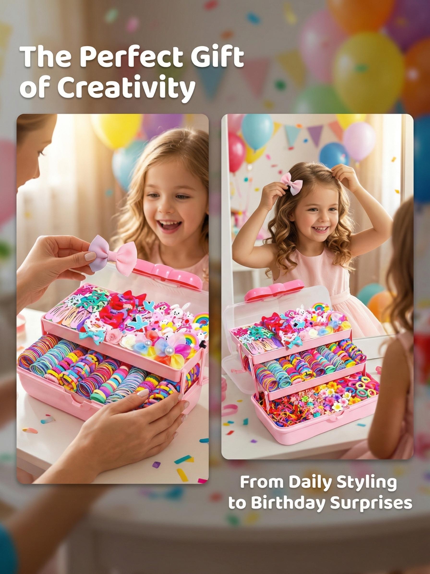 719pcs Rainbow Series Hair Accessories Gift Box Set for Little Girls. Includes 3-layer storage, hundreds of unicorn, star, BB clips, flower loops, bands. Great for daily hairstyle design & holiday gifts.