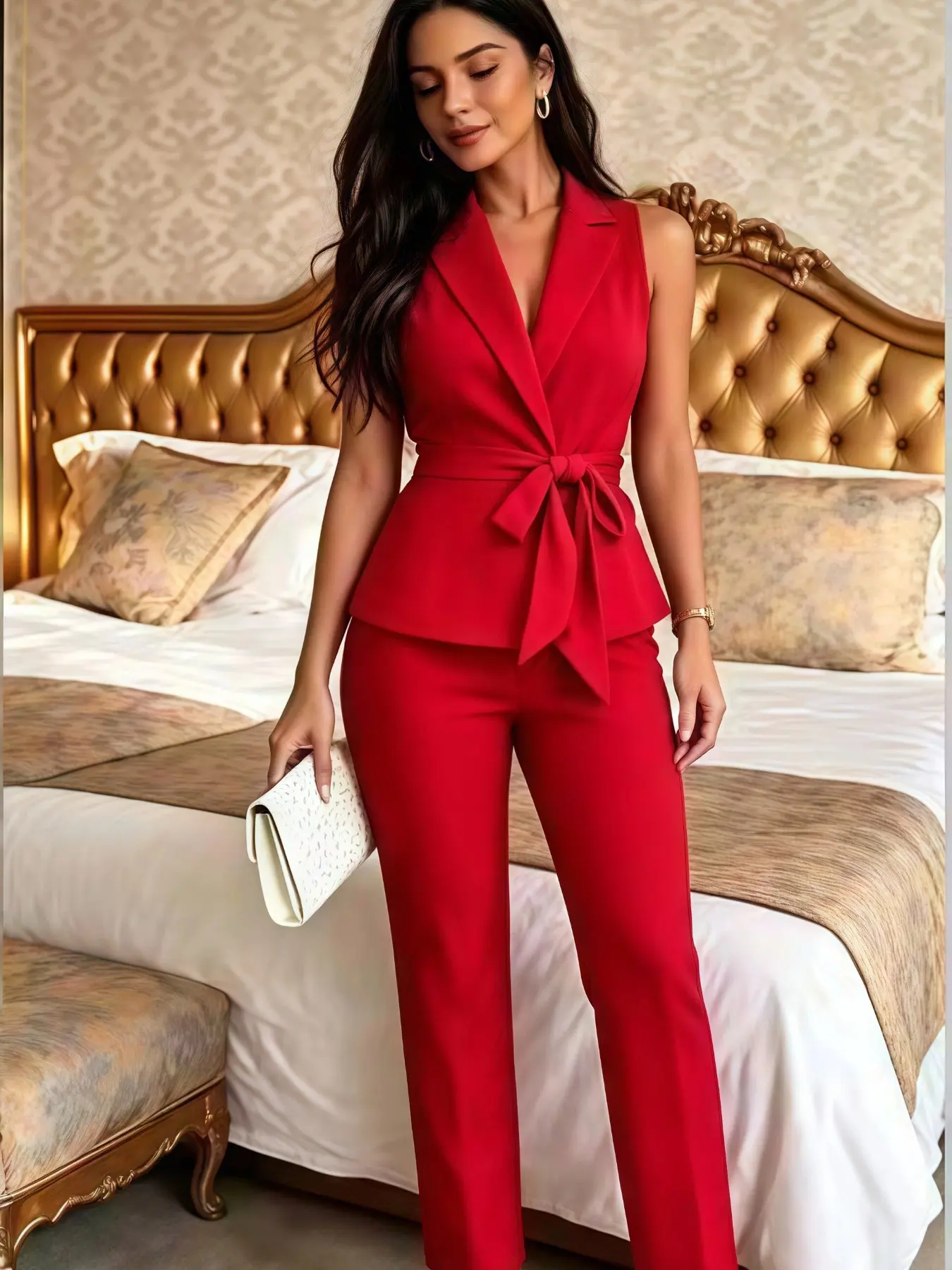 Women Elegant Sleeveless Lapel Blazer Vest Waist Tie Belted 2 Piece Pants Set, V Neck Wrap Front Matching Ankle Trousers Suit Elegance Outfit