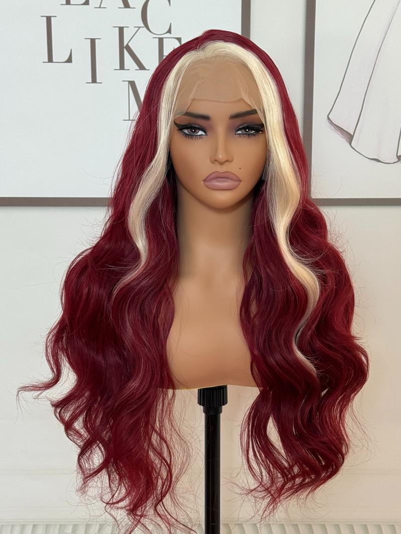 26 Inch Burgundy Red with Cream Blonde Highlights - Silky Body Wave Heat Resistant Fiber Wig Natural Hairline Red Highlight Wig