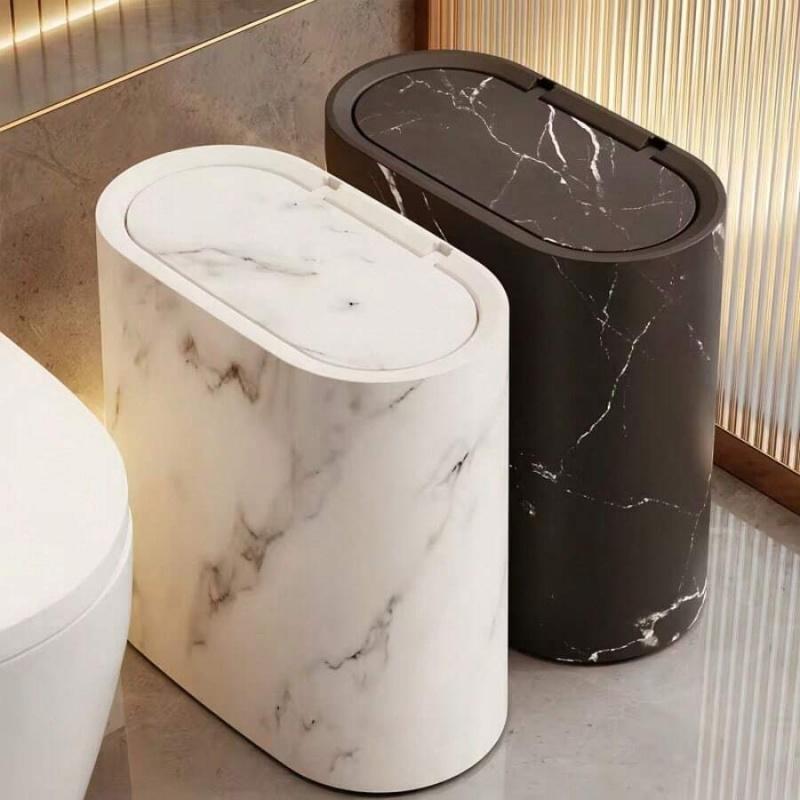 Elegant Marble Grain Press Top Trash Can, Slim & Space-Saving Design, Eco-Friendly & Durable, for Bathroom, Kitchen, Living Room