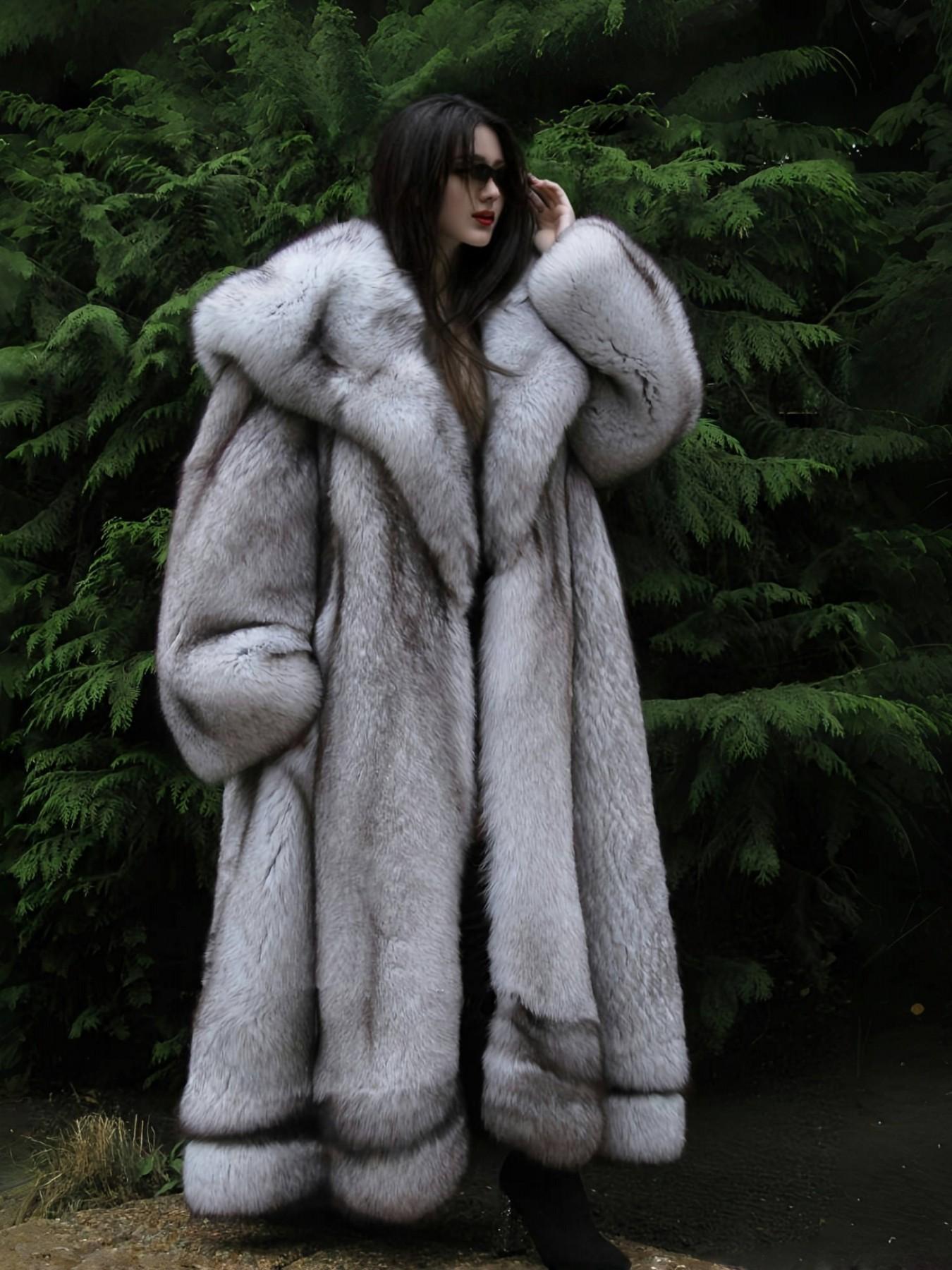 Women's Silver Color Faux Fox Fur Hooded Coat, Loose Fit Soft Warm Long Sleeves Jacket for Fall & Winter, Versatile Daily Commute Party Outerwear Womenswear