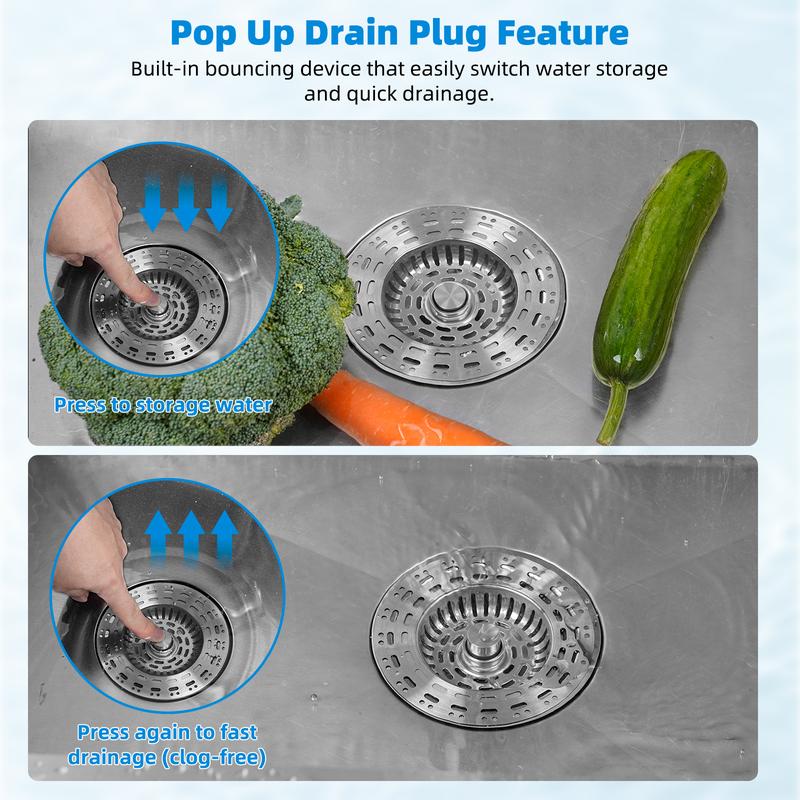 3-in-1 Kitchen Sink Drain Strainer, Stainless Steel Sink Plug, Deodorizing Anti-Clog Basket Strainer for US Standard 3-1/2 Inch Drains