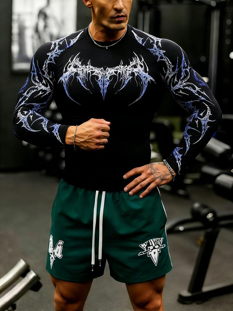 Men's Professional Sports Quick-Dry Fitness Shirt, Gothic Print Long Sleeve, High Elasticity, Round Neck, Moisture-Wicking, Running, Training, Daily Wear Men's Professional Sports Quick-Dry Fitness Shirt, Gothic Print Long Sleeve, High Elasticity, Round Neck, Moisture-Wicking, Running, Training, Daily Wear