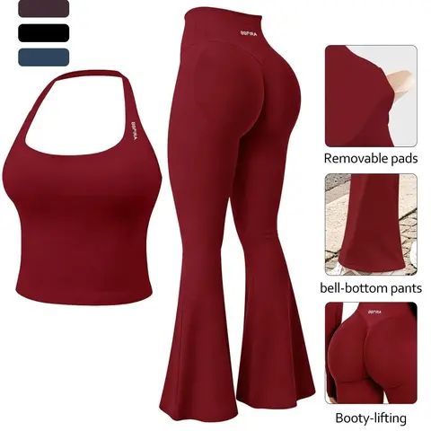 Women's Seamless Activewear Set with Removable Pads, Halter Neck Tank Top & High-Stretch Butt-Lifting Flared-Leg Pants, 2-Piece Set, Breathable Sweat-Wicking Outfit for Workout, Running & Fitness, Fitness Outfits