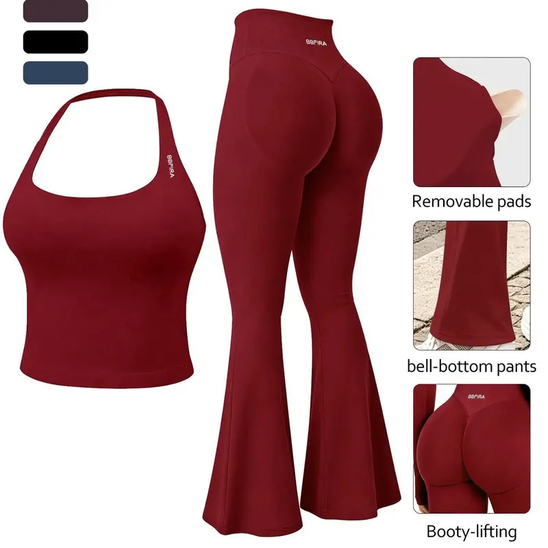 Women's Seamless Activewear Set with Removable Pads, Halter Neck Tank Top & High-Stretch Butt-Lifting Flared-Leg Pants, 2-Piece Set, Breathable Sweat-Wicking Outfit for Workout, Running & Fitness, Fitness Outfits