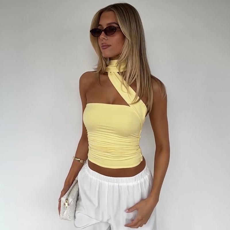 Adjustable Neck Tie Strapless Crop Top with Ruched Side Women's 2025 Fall New Slim Fit Solid Color Essential for Holiday Beach Party & Night Dating Outfits Ladies Casual Sleeveless Short Tank Vest