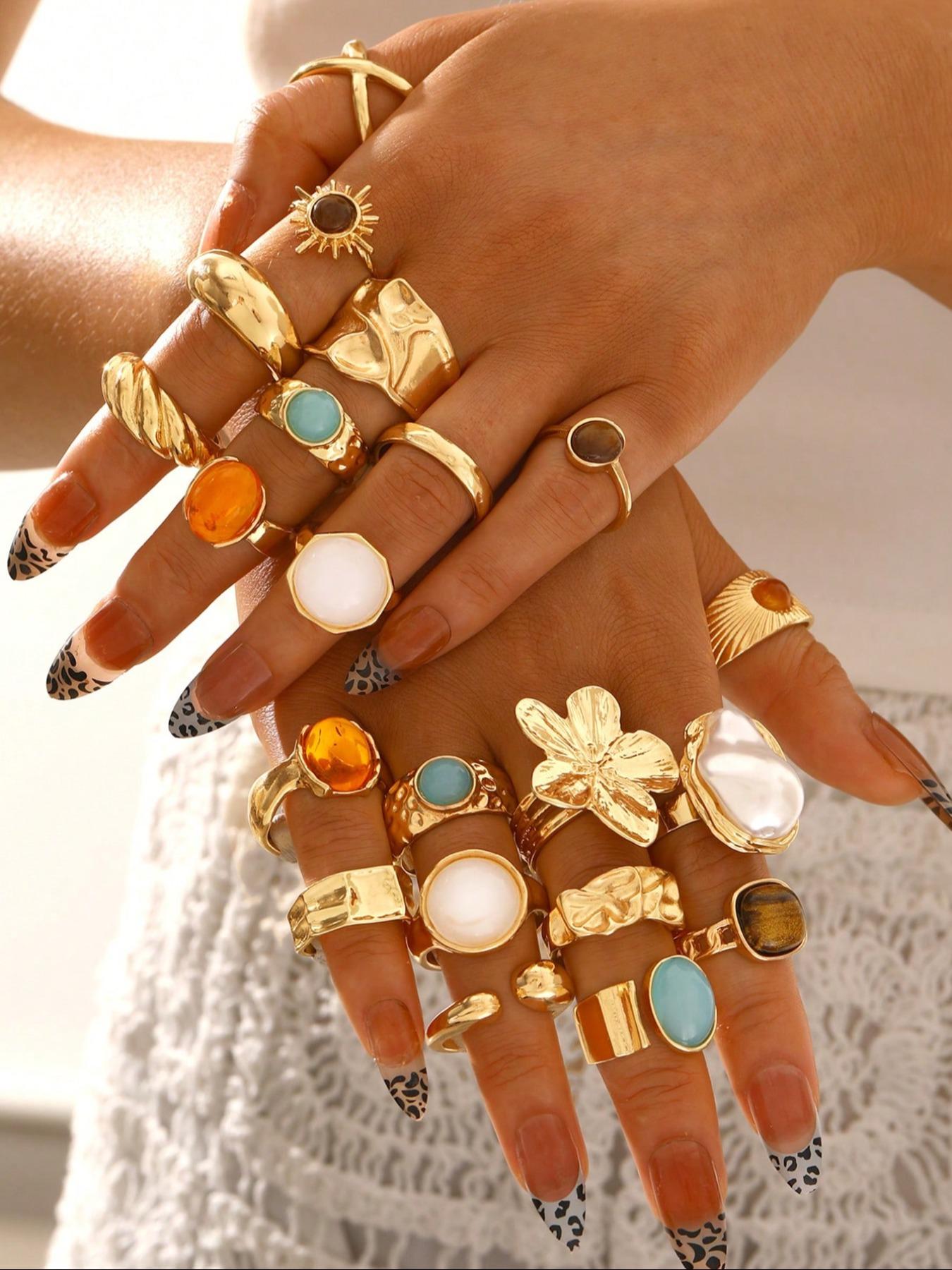 Women's Boho Ring Set, Jewelry Ring, Boho Style Rings, Vintage Elegant Design, Floral Bow Heart Rhinestone Moon Star Geometric Cat Eye Stone, Party Daily Wear Gift