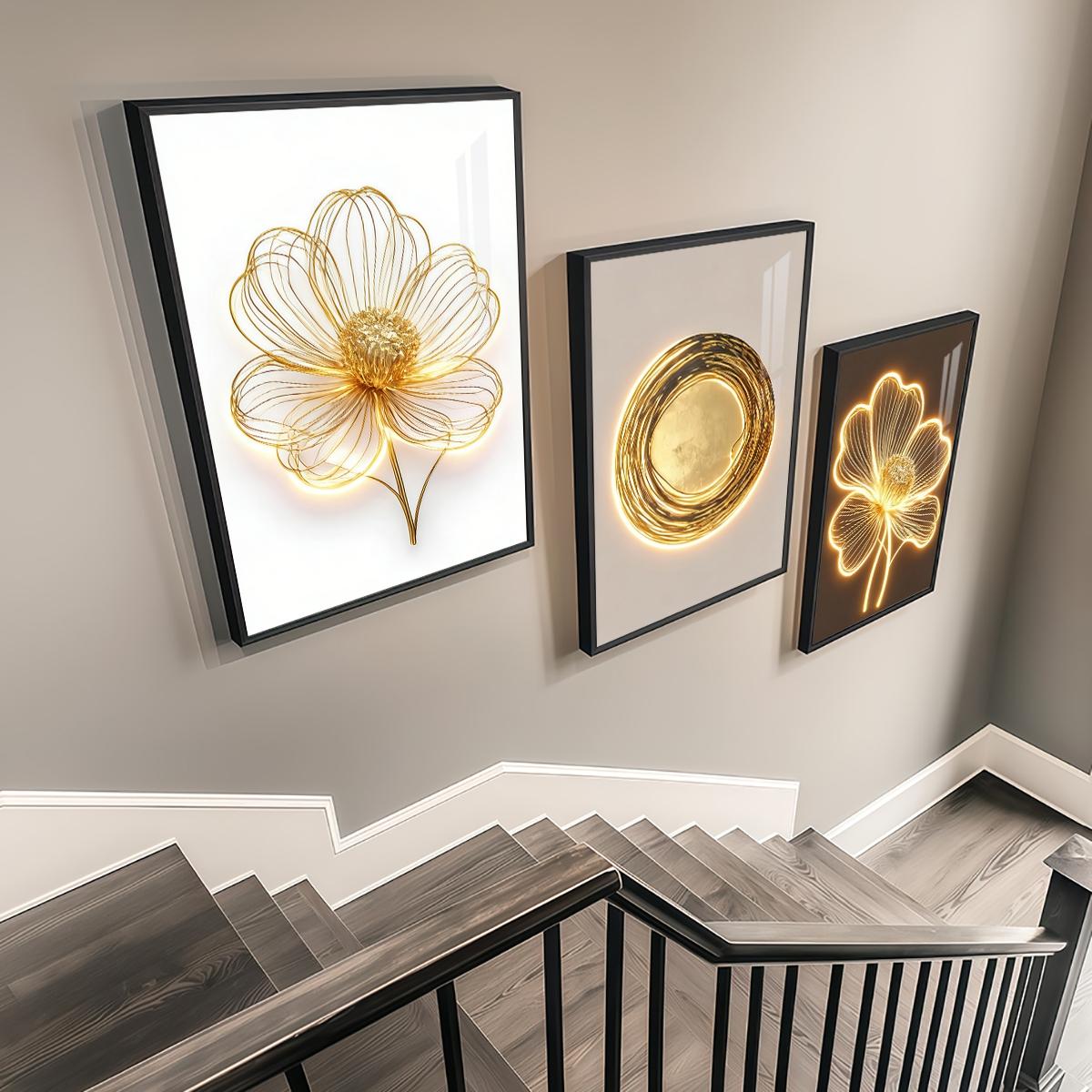 3 Counts Aluminum Alloy Framed Painting, Golden Wire Flower And Sun Abstract Art Pictures, Home Decoration For Living Room, Bedroom, Office, Restaurant, Hallway Wall Decor, Odorless Print Artwork, Luxury Perfect Gift For Friends And Family