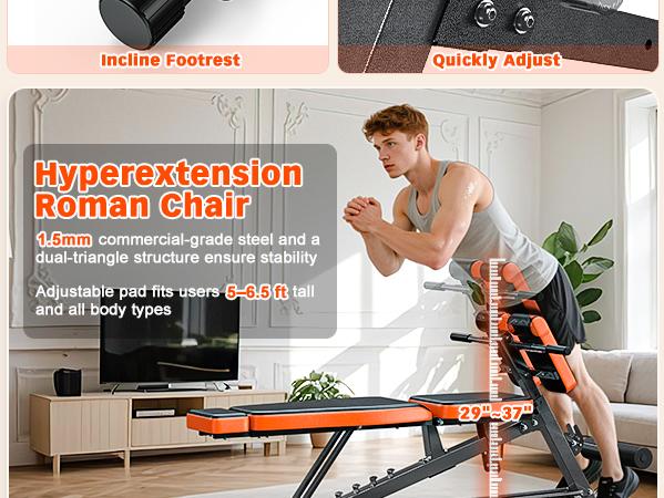 Bearbro Multi-Functional FID Weight Bench for Full All-in-One Body Workout – Hyper Back Extension, Roman Chair, Adjustable Ab Sit up Bench, Incline Decline Bench, Flat Bench,Support up to 1000lbs，Suitable for home workouts，outdoorfun