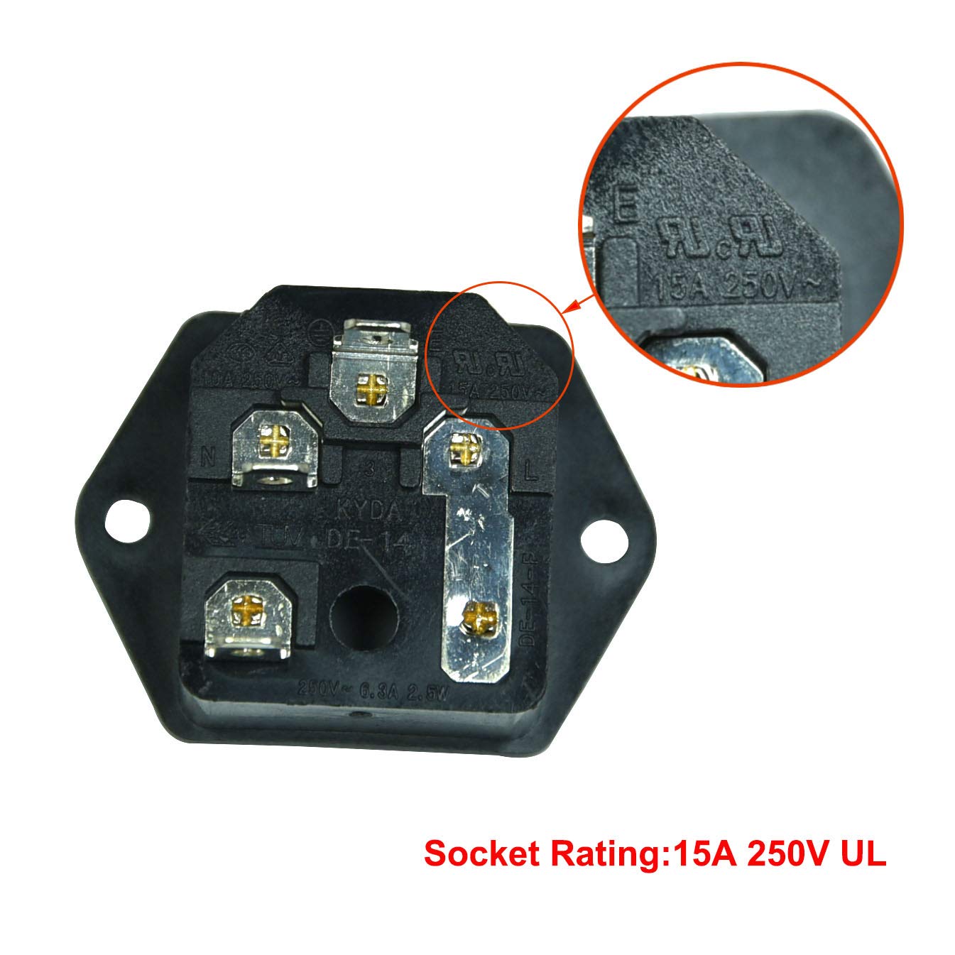 IEC320 C14 Male Power Cord Inlet Socket with Fuse Holder, 3Pin | AC 250V 15A, 3 count Wires, Pack of 2