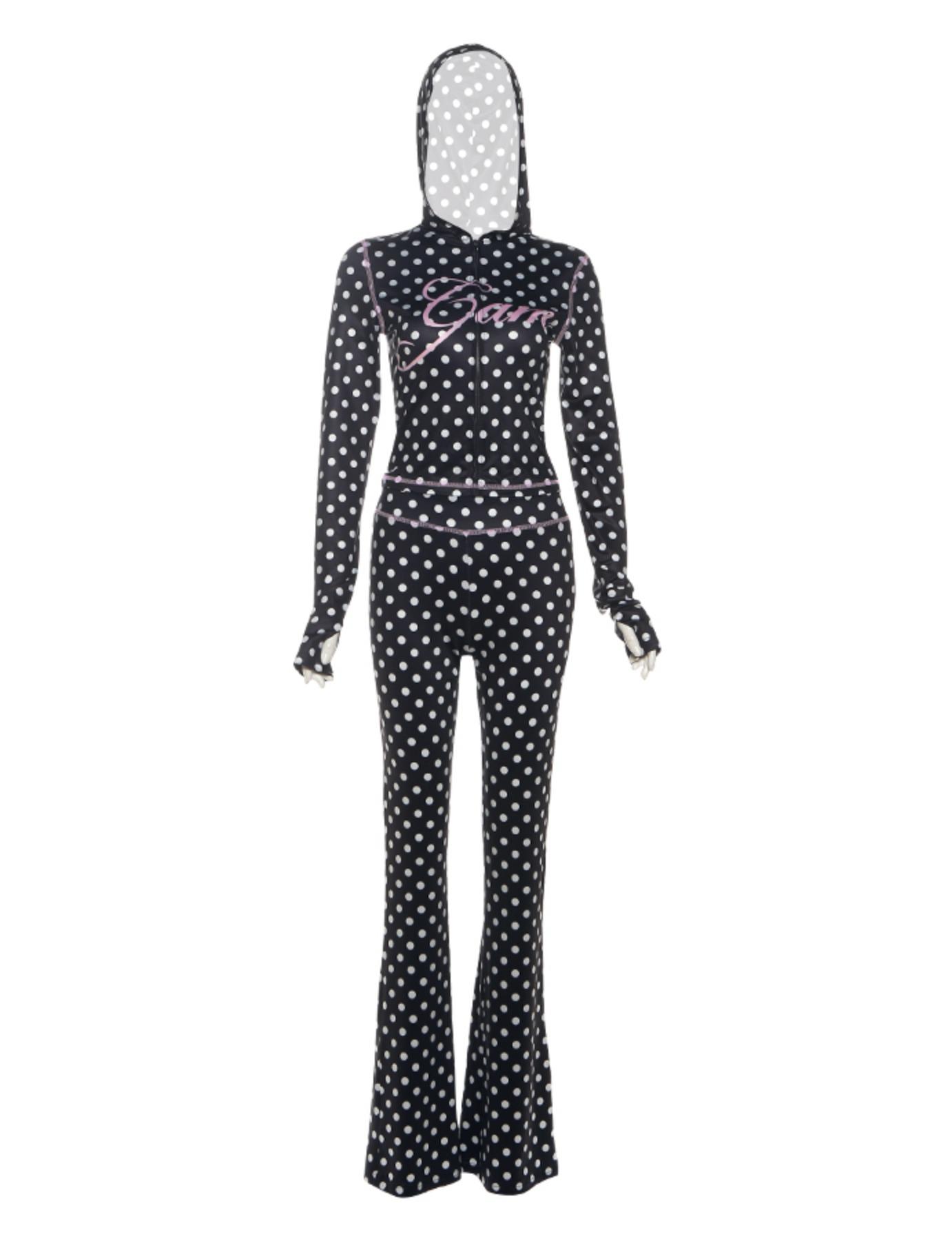 Women's Autumn New Polka Dot Letter Print Sexy Cropped Top Long Pants Set Outfit, Casual Chic Style, Thin Silk Fabric, Spring & Fall