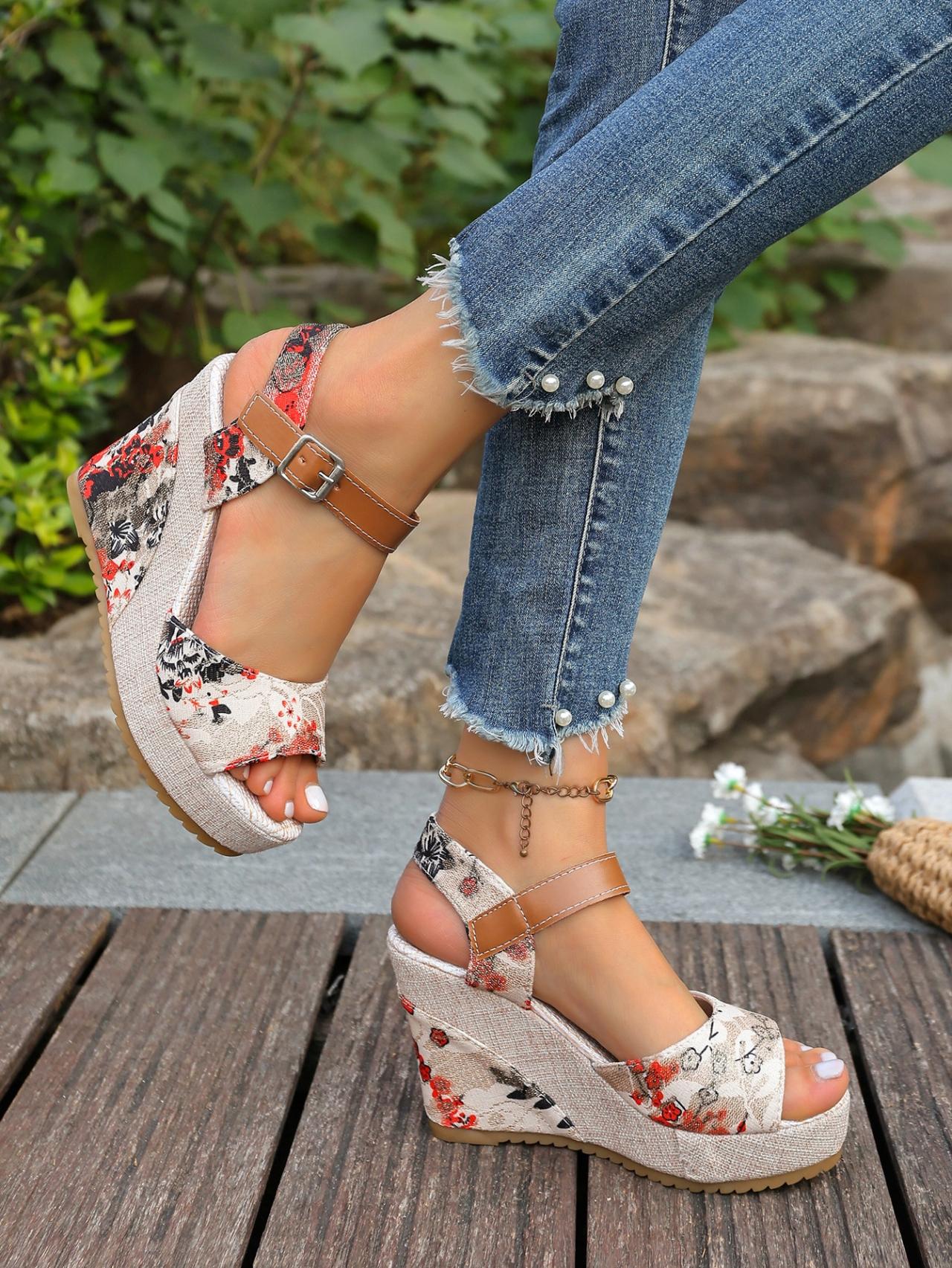 Women's Retro Floral Buckle Wedge Sandals, Summer Platform Chunky Heel Shoes, Ethnic Style Beach Elevated Sandals