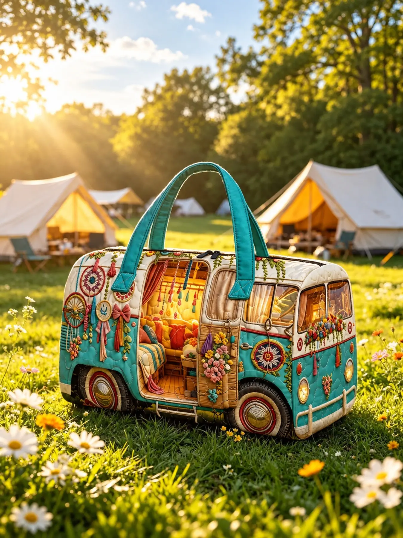 Quilted Bus Dreamcatcher Element Large Capacity Travel Bag, Unisex Handheld Totem Bag, Printed Pattern Single Shoulder Luggage, Quilted Duffle Bag