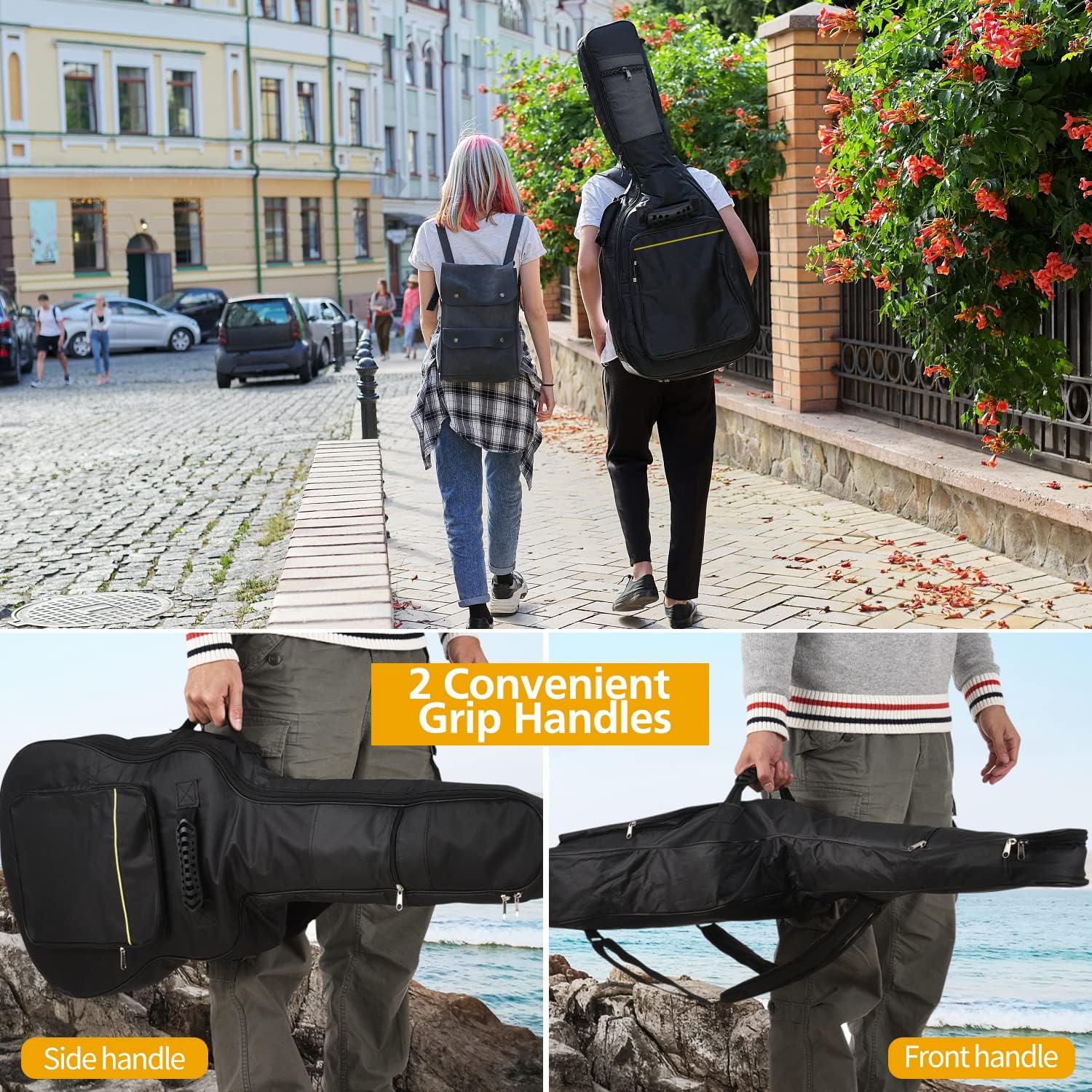 3 count Guitar Accessories Kit - Gig Bag, Folding Stand, Adjustable Strap for Acoustic, Classical, Bass Guitar