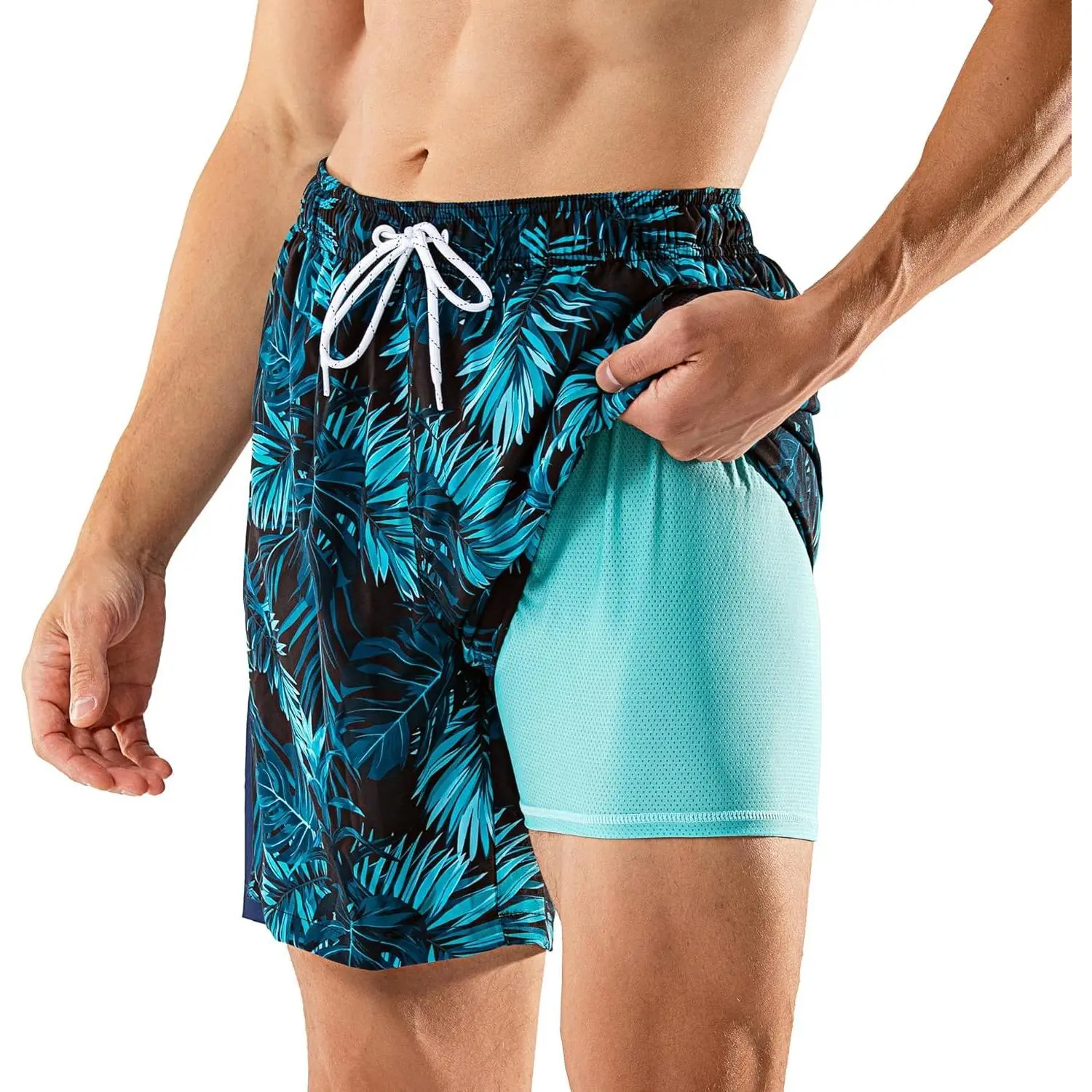 Male Large 7-in Compression Liner Swim Trunks, High Stretch Quick Dry Bathing Suit with Cargo & Secret Pockets, 5-in Men's Beach Shorts Swimwear, 5 Inch, Plain