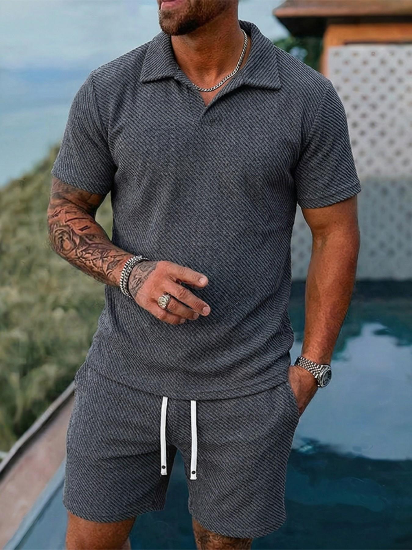 Men's Two-Piece T-Shirt Shorts Set, Collar Design, Embroidered Fashion Summer Wear, Casual Loose-Fitting Clothing