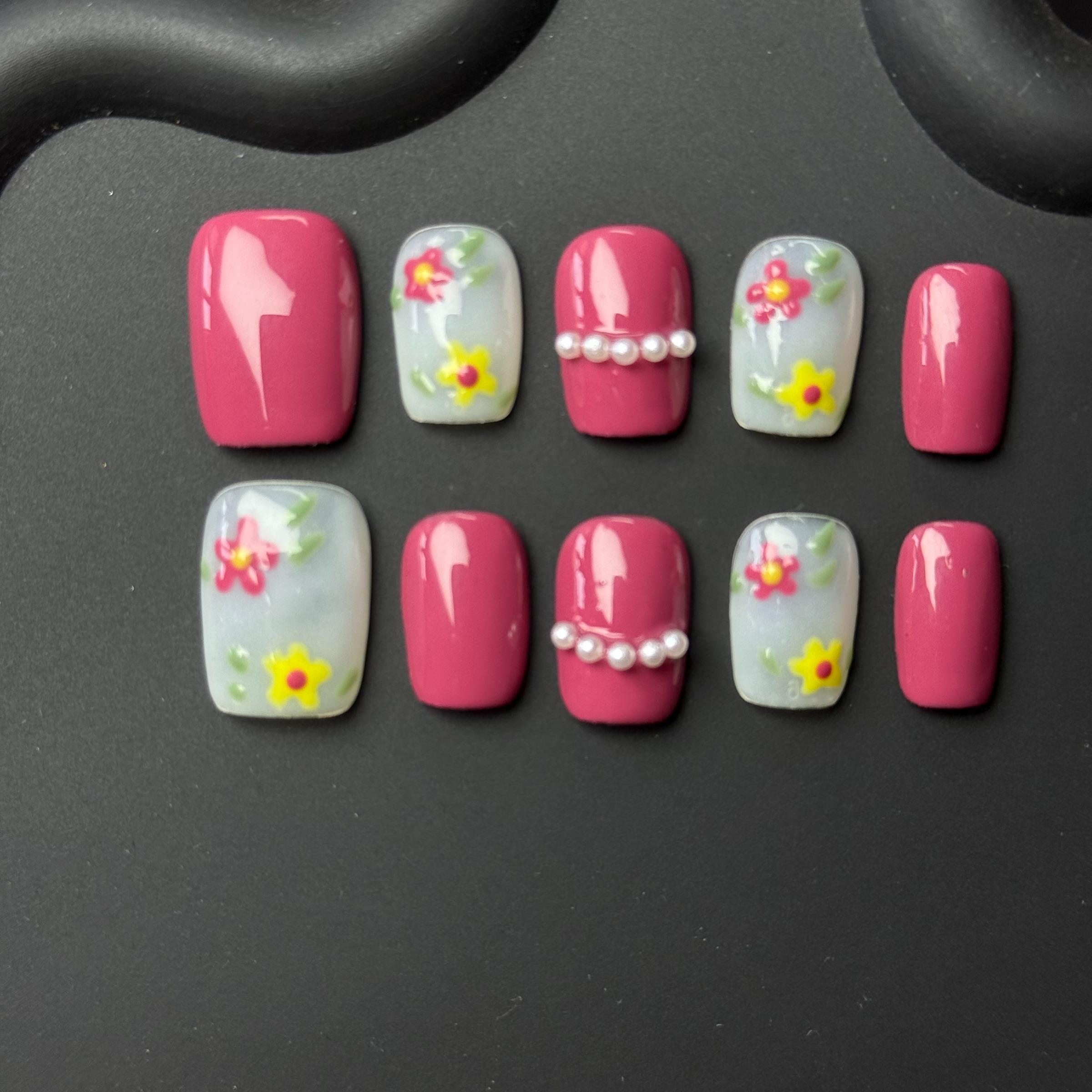 Luxury Nail Freedom! Raspberry Red Exquisite Hand-Painted Flower Press On Fake Nails, Reusable, Get Gentle Fairy Nails In 5 Mins, No Salon Needed