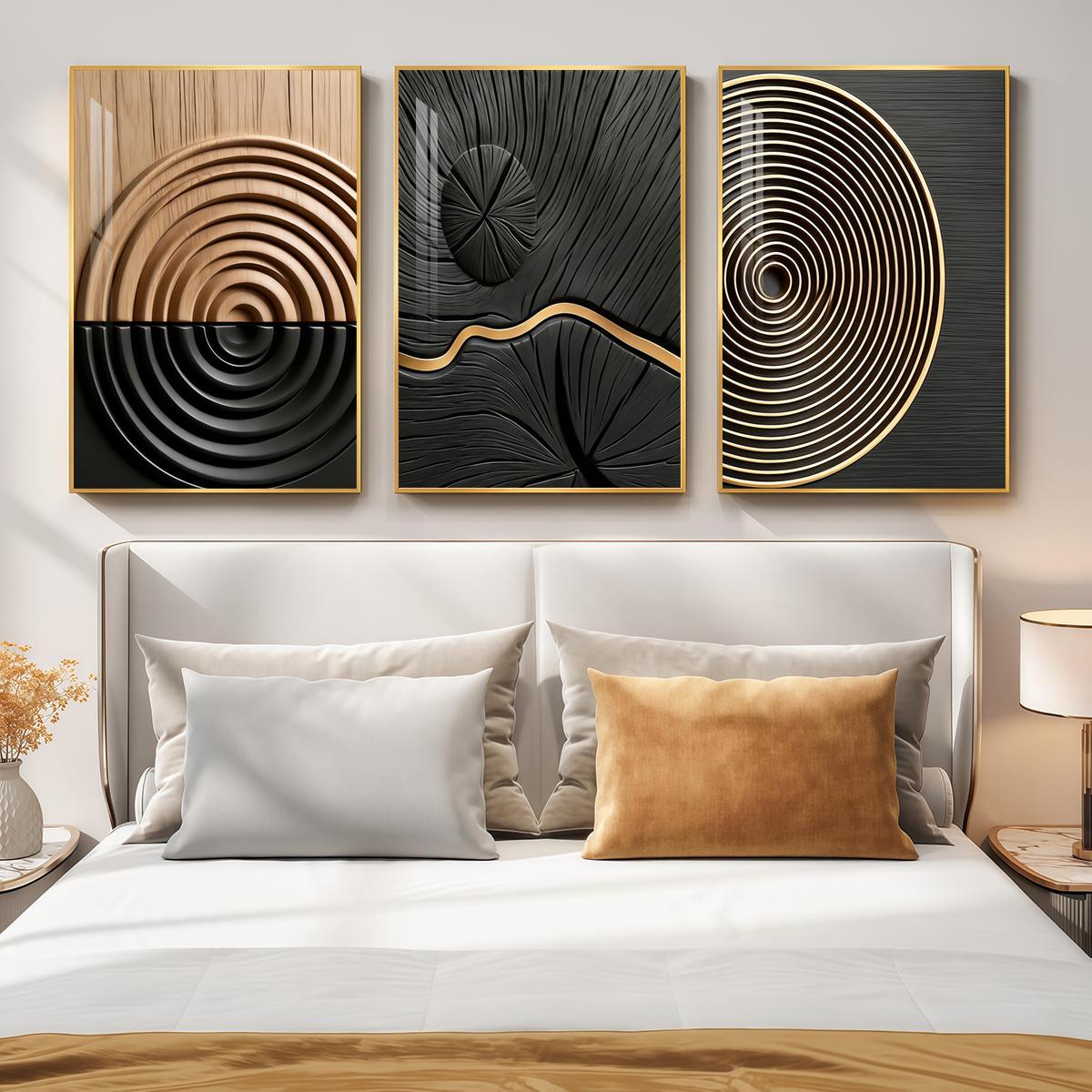 3 Counts Aluminum Alloy Framed Painting, Abstract Geometric Lines And Circles Art, Home Decoration For Living Room, Bedroom, Office, Restaurant, Hallway Wall Decor, Odorless Print Artwork, Luxury Perfect Gift For Friends And Family