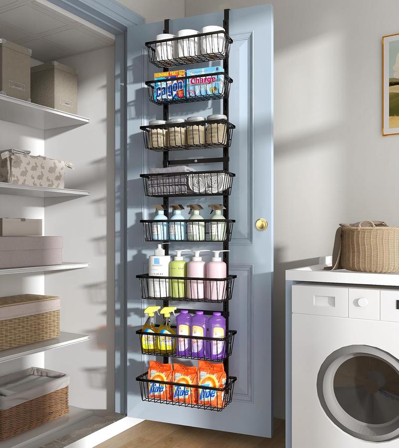 16 Inch Wide Narrow Over The Door Pantry Organizer, Pantry Organization and Storage, Black 8-Tier Metal Hanging Deep Basket Wall Spice Rack Seasoning Shelves, Home & Kitchen Essentials A