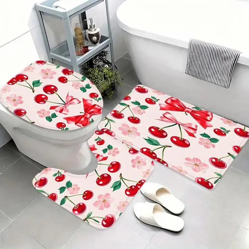 Cherry bow pattern shower curtain set, non-slip mat, U-shaped rug, toilet seat cover, perfect for bathroom decoration accessories, beautifies the space, includes 12 shower curtain hooks.