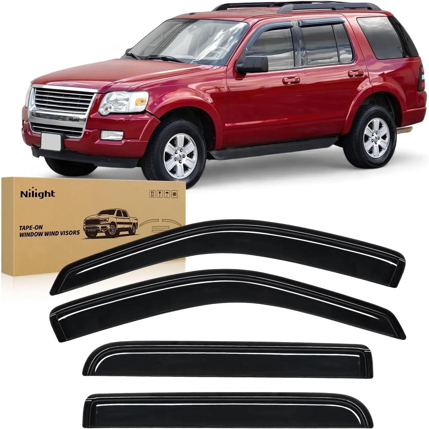 Nilight Tape-On Rain Guards for Ford Explorer 2002 2003 2004 2005 2006 2007 2008 2009 2010, Window Visors Vent Wind Deflectors-4PCS