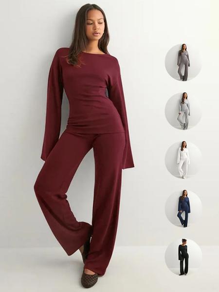 Women's Fall New Round Neck Flare Long Sleeve Top & Elastic Waist Straight Leg Pants Set, Casual Fashion for Daily Wear