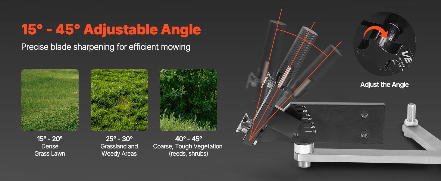 VEVOR Lawn Mower Blade Sharpener and Balancer, 15 - 45 Adjustable Lawnmower Blade Sharpening Tool with 4 Adapter Pins, Ball Bearings 25mm Enlarged Handle, Compatible with Most Angle Grinders