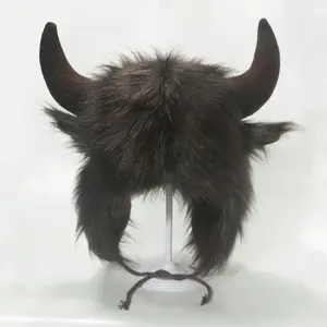 High Quality Unisex Bullhead Hat Thick with Horns Earflap Hat Windproof Fluffy Funny Hat Bomber Hats